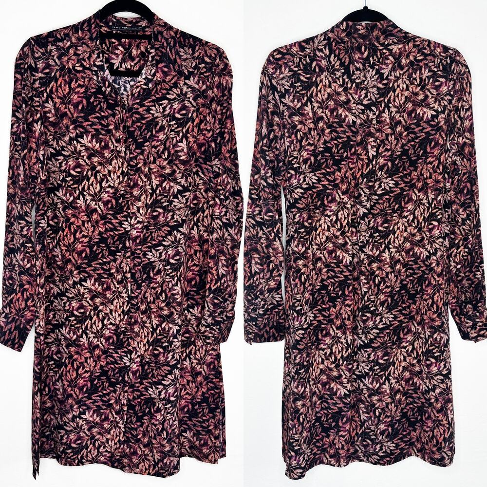 Peruvian Connection Leaf Print Silk Long Sleeve Collared Tunic Shirt Dress Med